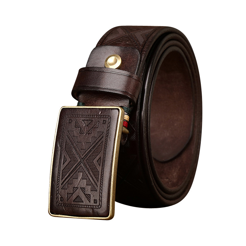 Handmade Vintage Laser-engraved Buckle Leather Belt 3.8cm B14-KKICO