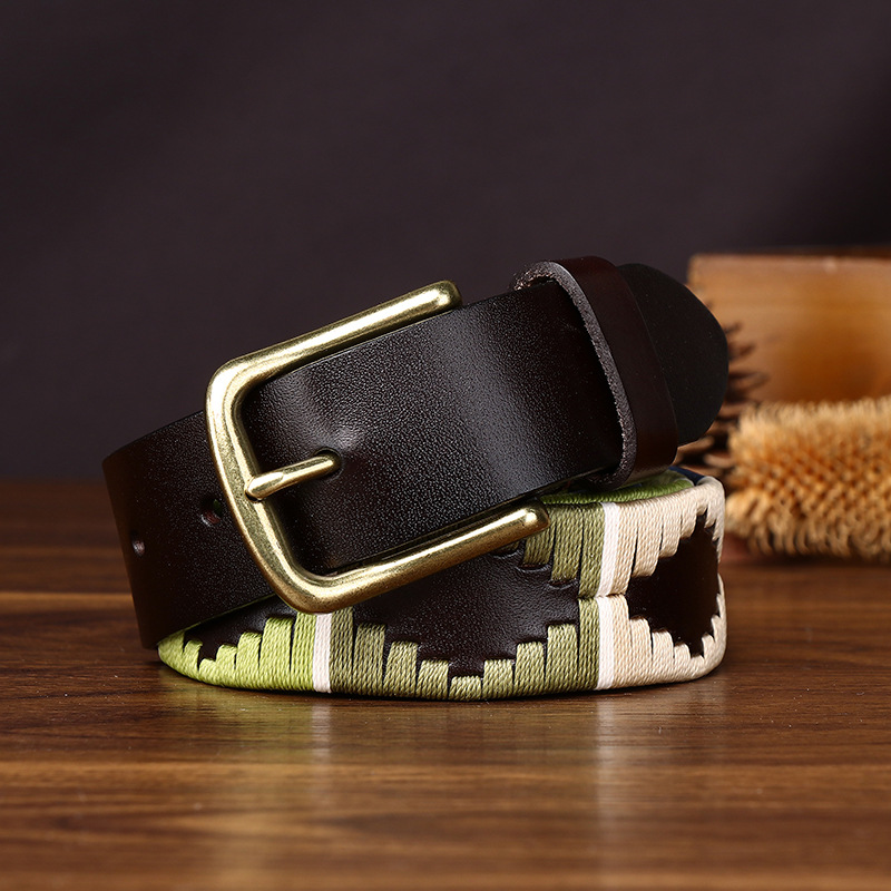 Polo-Style Woven Leather Belt with Brass-Tone Alloy Buckle | 3.4cm Wide