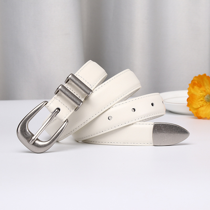 Simple Retro Silver Genuine Leather Belt 2.4cm Wide B22