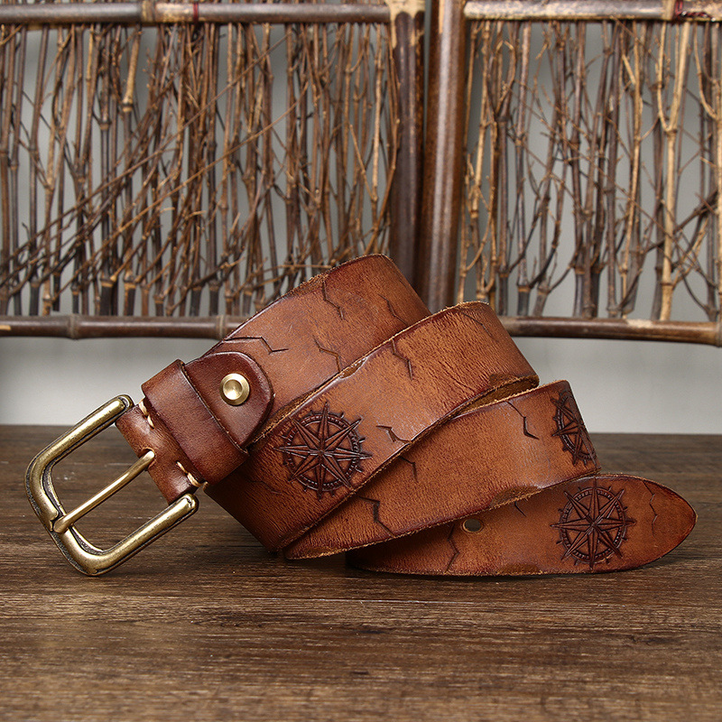 Vintage Engraved Cracked Leather Belt Wide 3.8CM B47