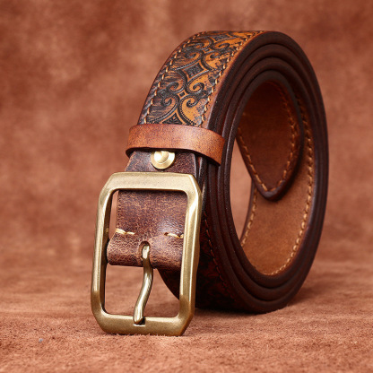 Genuine Leather Thickened Belt With Embossed Design 3.8cm B08