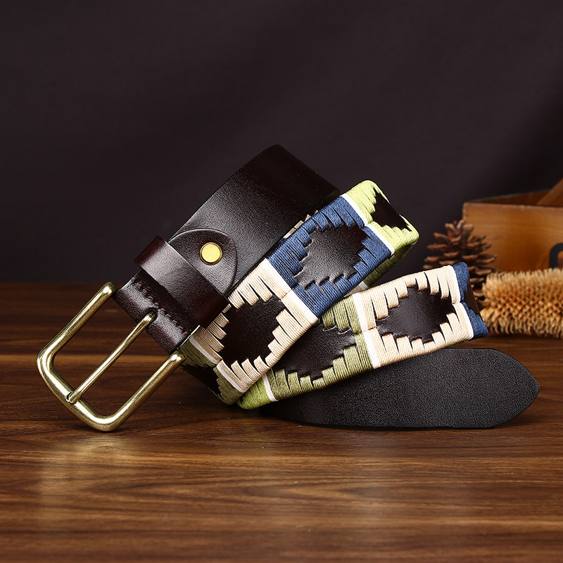 Polo-Style Woven Leather Belt with Brass-Tone Alloy Buckle | 3.4cm Wide
