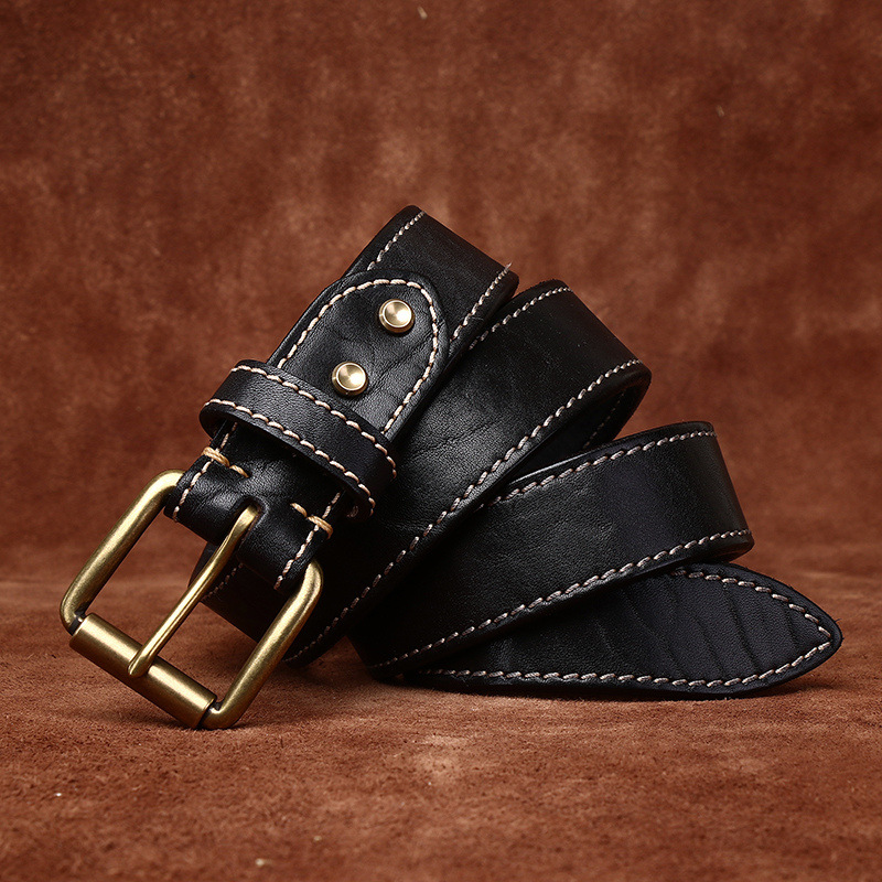 Men’s Stitched Full-Grain Leather Belt with Brass Buckle – 3.8cm Wide