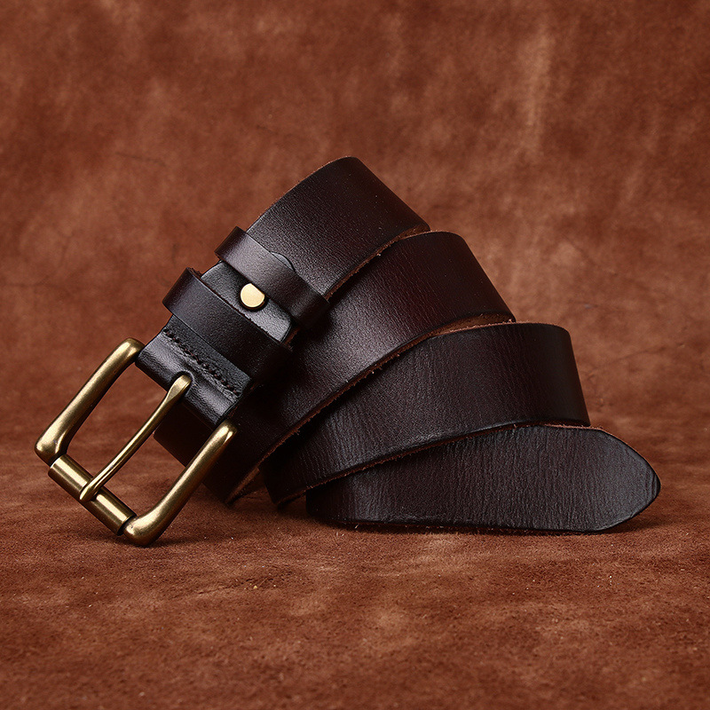 Men’s Full-Grain Leather Belt with Antique Brass Buckle – 3.8cm Wide