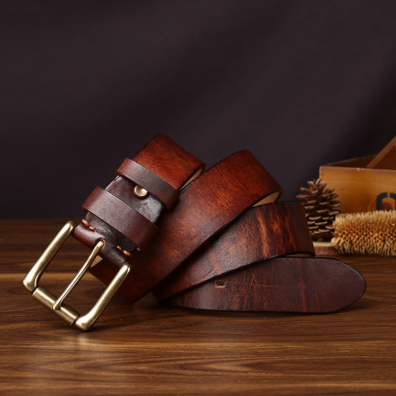 Men’s Full-Grain Leather Belt with Brass Buckle – 3.8cm Wide
