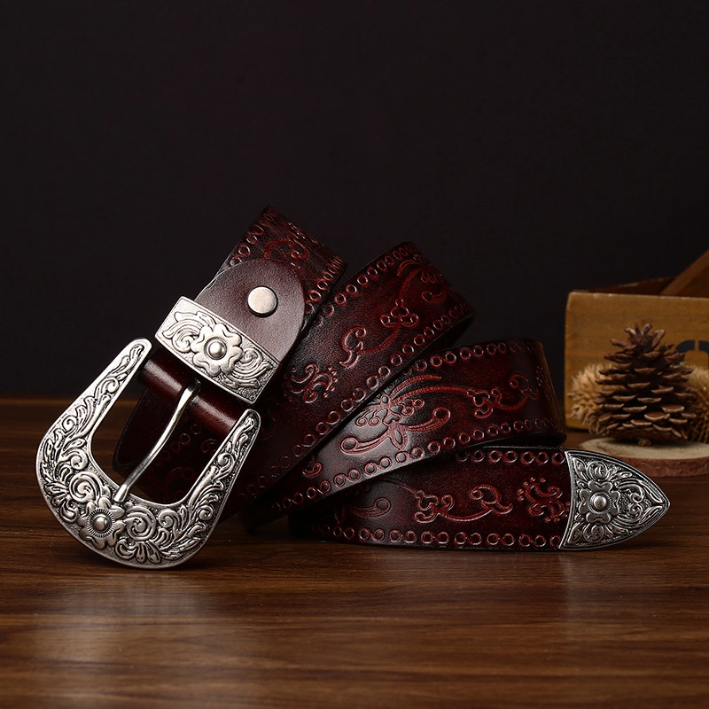 Embossed Full-Grain Leather Belt with Antique Silver-Tone Buckle | 3.8cm Wide