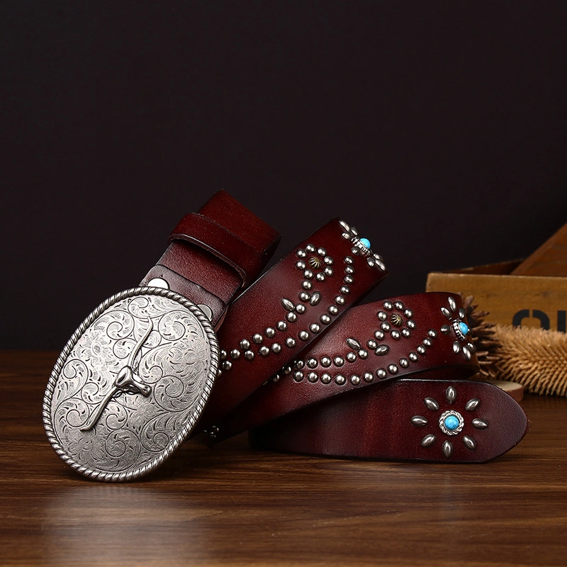 Sierra Longhorn Leather Belt with Engraved Plate Buckle | 3.8cm Wide