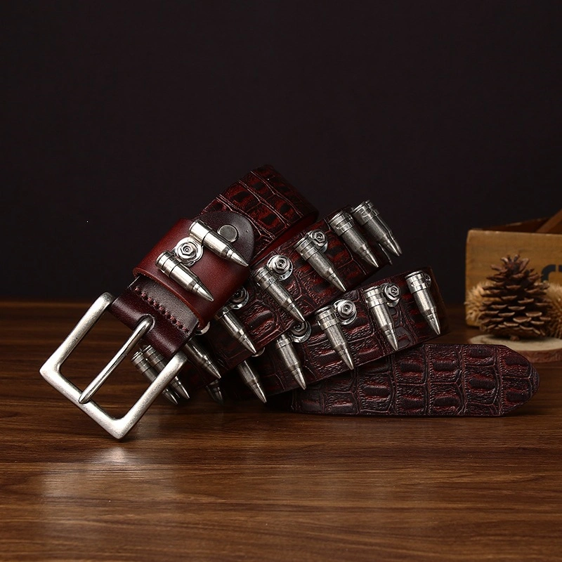 Croc-Embossed Leather Belt with Bullet-Style Studs | 3.8cm Wide