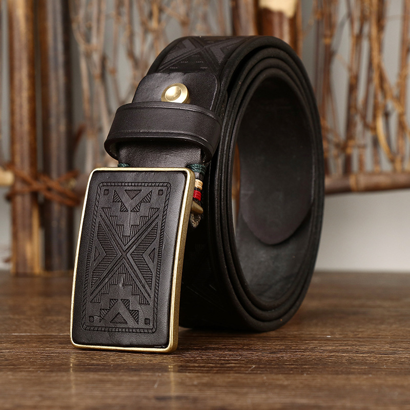 Handmade Vintage Laser-engraved Buckle Leather Belt 3.8cm B14-KKICO