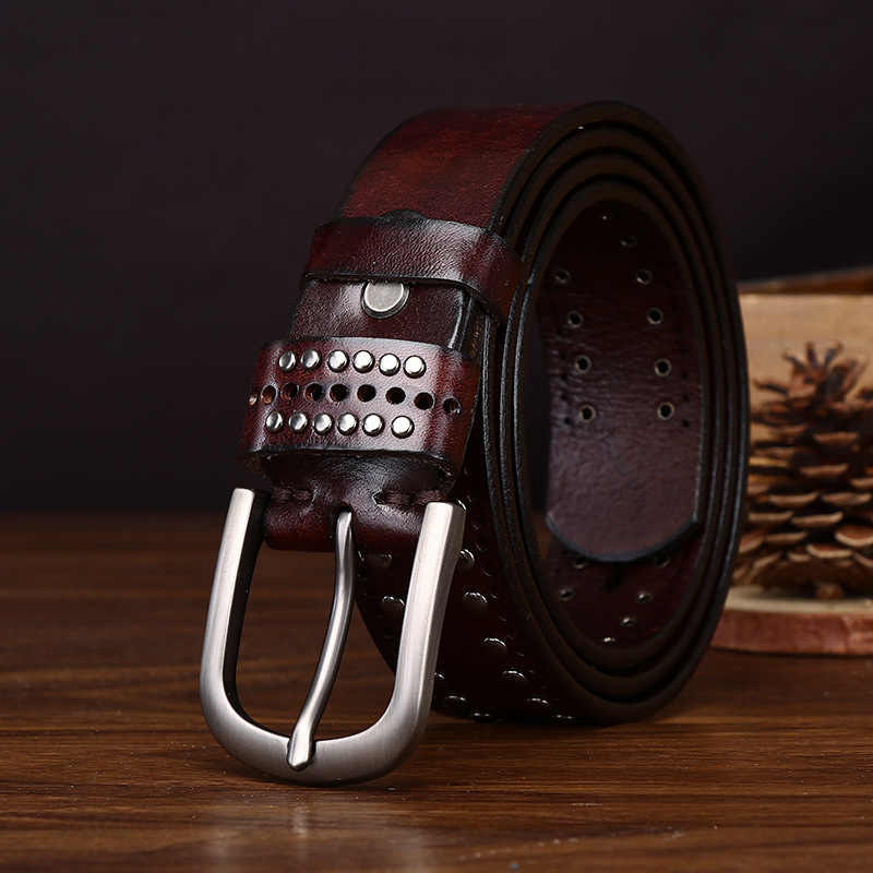 Cowhide Studded Punk Genuine Leather Belt 3.2cm Wide B19-KKICO
