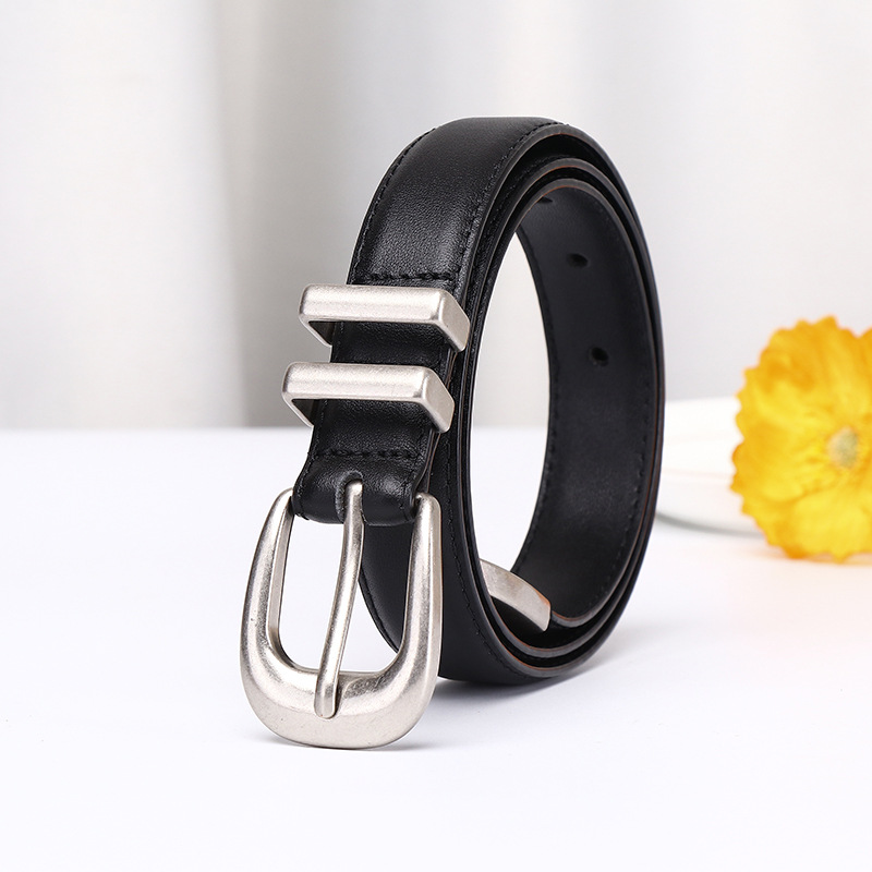 Simple Retro Silver Genuine Leather Belt 2.4cm Wide B23-KKICO