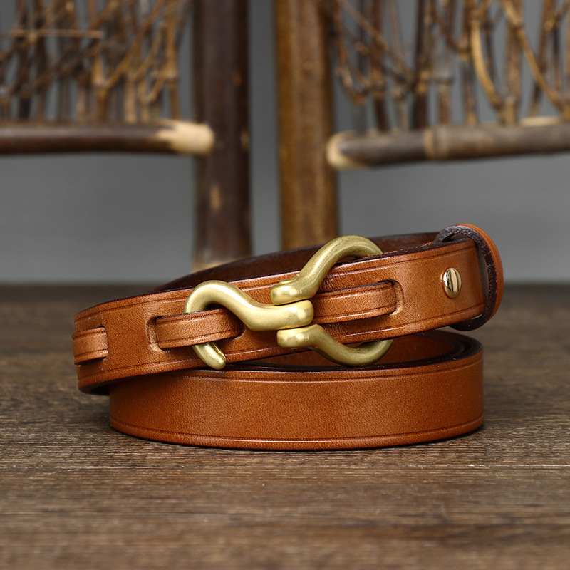 Vintage Copper Hook Genuine Leather Thin Belt 2.0cm Wide B25-KKICO