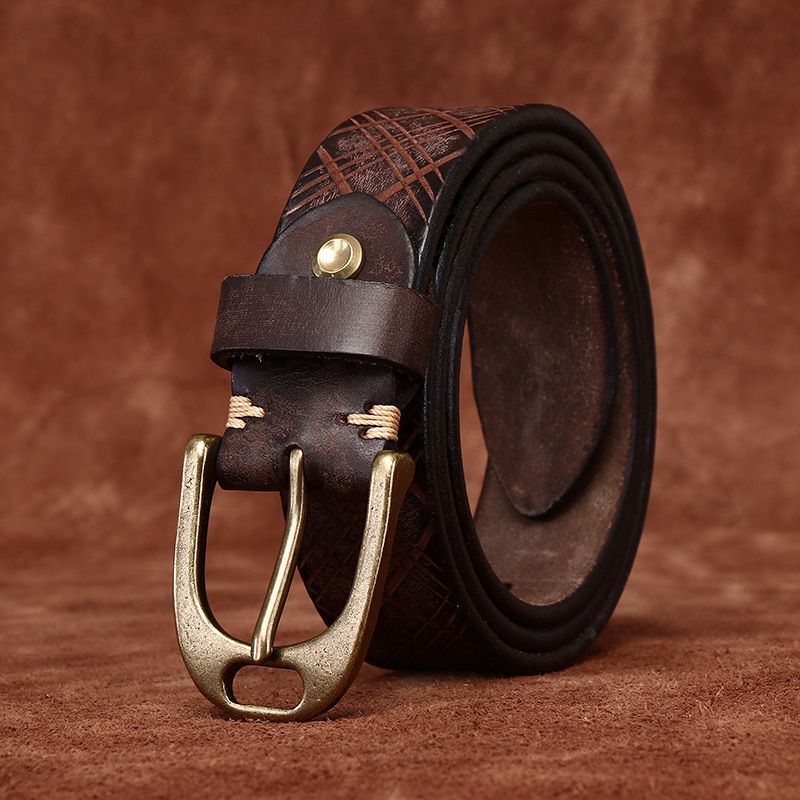 Vintage Brass Buckle Genuine Leather Belt Wide 3.8CM B62-KKICO
