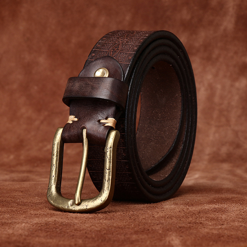 Vintage Brass Buckle Genuine Leather Belt Wide 3.8CM B63-KKICO