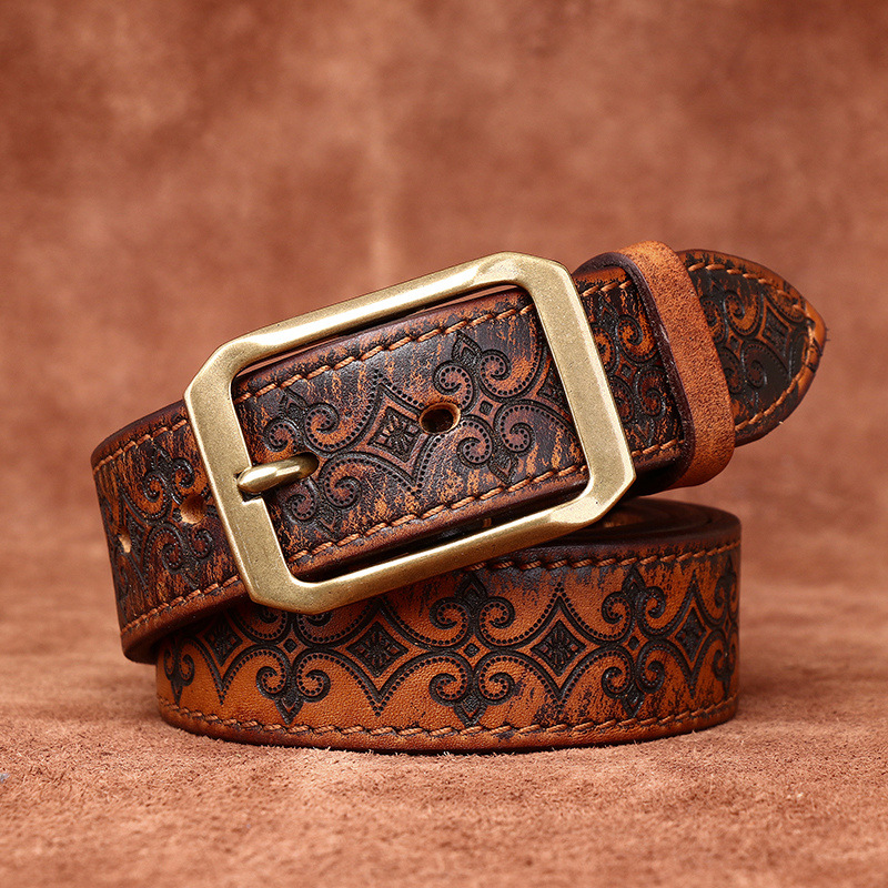 Genuine Leather Thickened Belt With Embossed Design 3.8cm B08