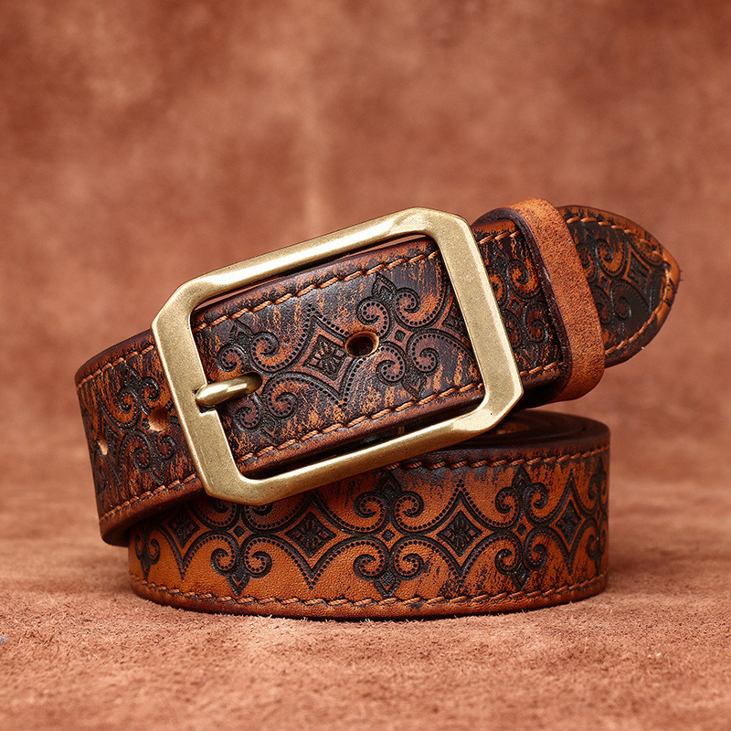Genuine Leather Thickened Belt With Embossed Design 3.8cm B08