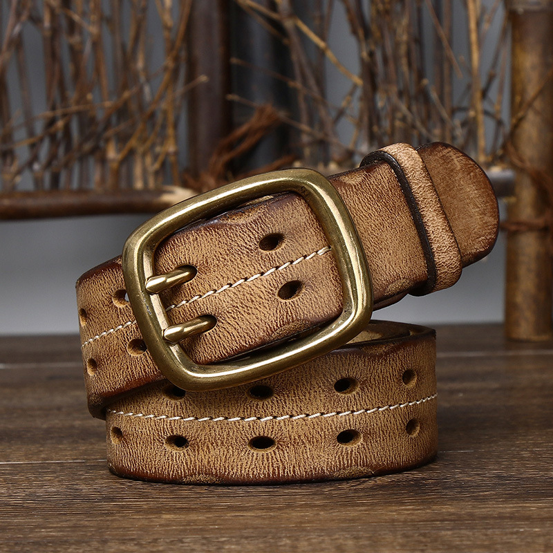 Vintage Double-buckle Genuine Leather Belt 3.8cm B09-KKICO