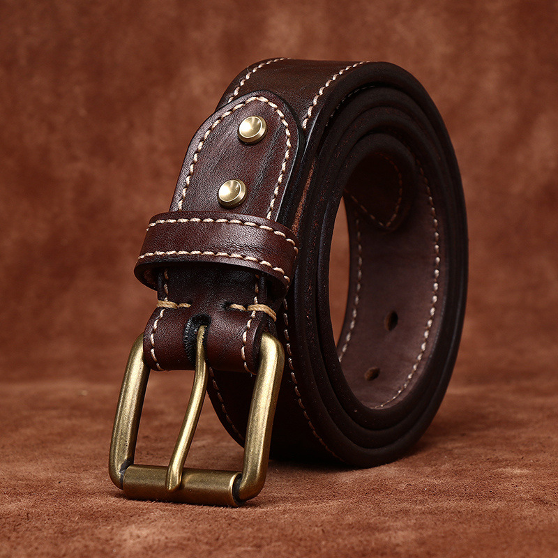 Men’s Stitched Full-Grain Leather Belt with Brass Buckle – 3.8cm Wide