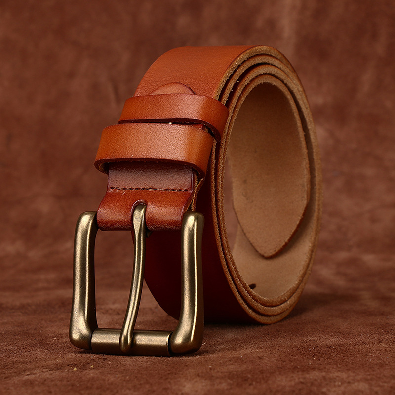 Men’s Full-Grain Leather Belt with Antique Brass Buckle – 3.8cm Wide