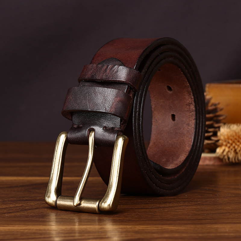 Men’s Full-Grain Leather Belt with Brass Buckle – 3.8cm Wide