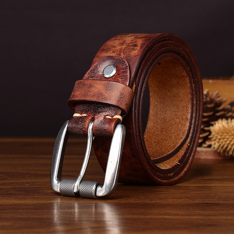 Distressed Leather Belt with Stainless Steel Buckle – 3.8cm Wide