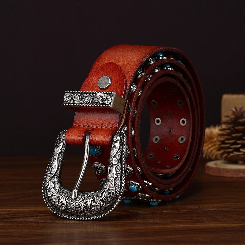 Heritage Western Leather Belt with Engraved Antique Silver-Tone Buckle | 3.8cm Wide