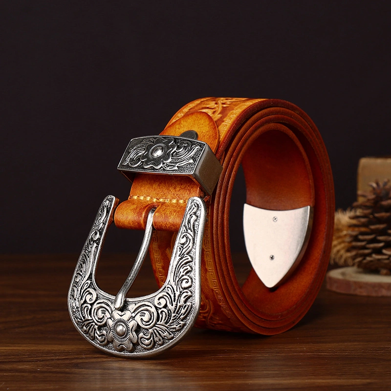 Embossed Full-Grain Leather Belt with Antique Silver-Tone Buckle | 3.8cm Wide