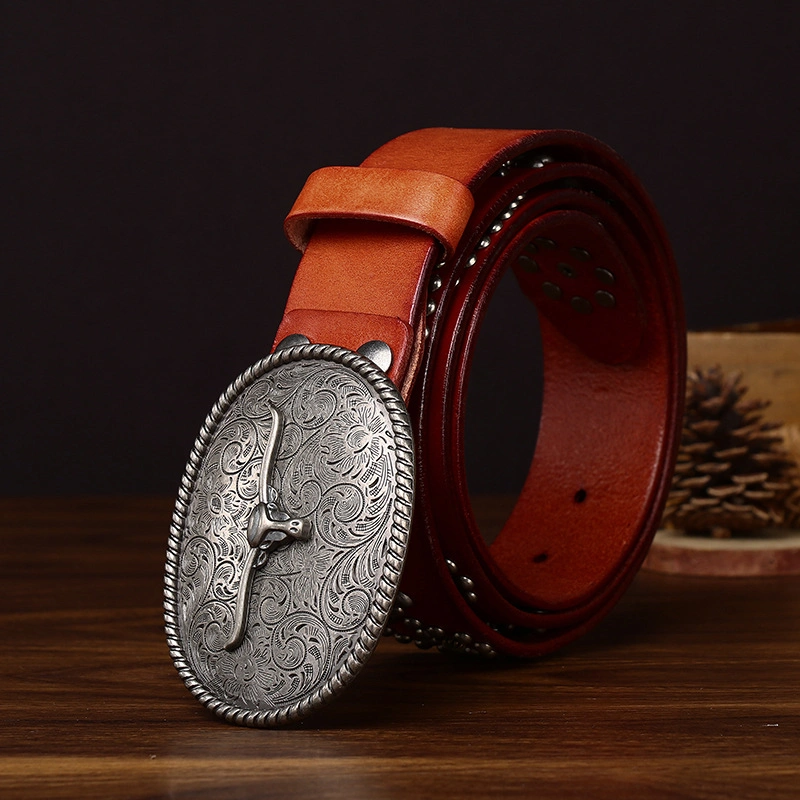 Sierra Longhorn Leather Belt with Engraved Plate Buckle | 3.8cm Wide