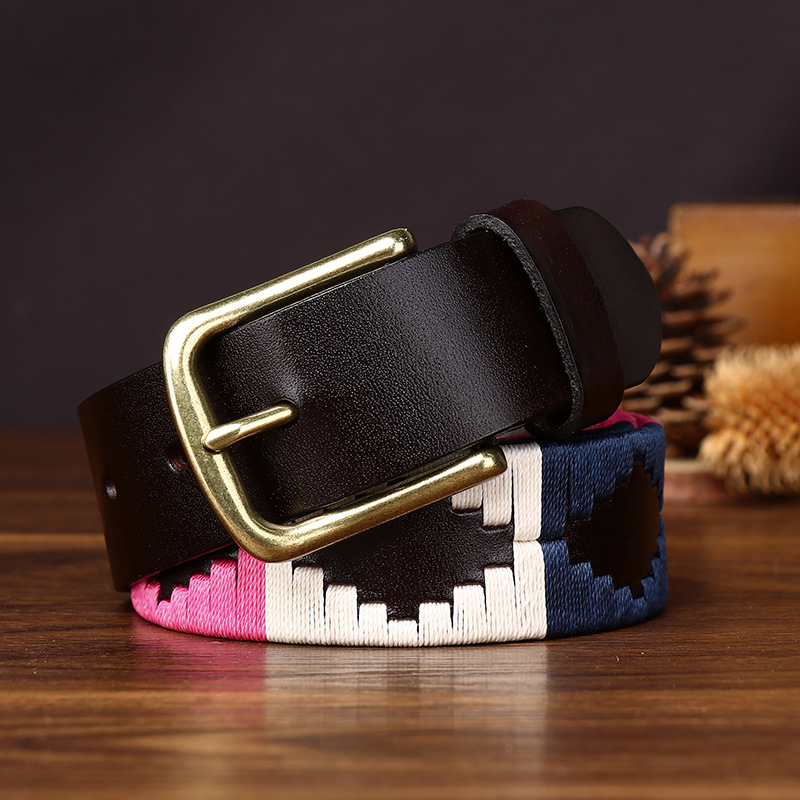 Polo-Style Woven Leather Belt with Brass-Tone Alloy Buckle | 3.4cm Wide