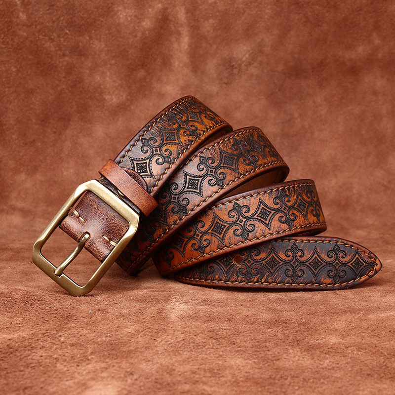 Genuine Leather Thickened Belt With Embossed Design 3.8cm B08