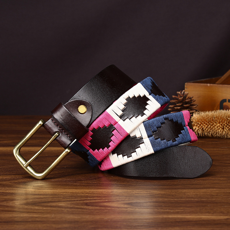 Polo-Style Woven Leather Belt with Brass-Tone Alloy Buckle | 3.4cm Wide