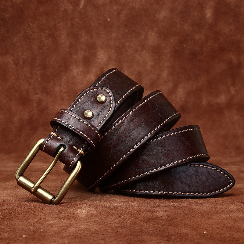 Men’s Stitched Full-Grain Leather Belt with Brass Buckle – 3.8cm Wide
