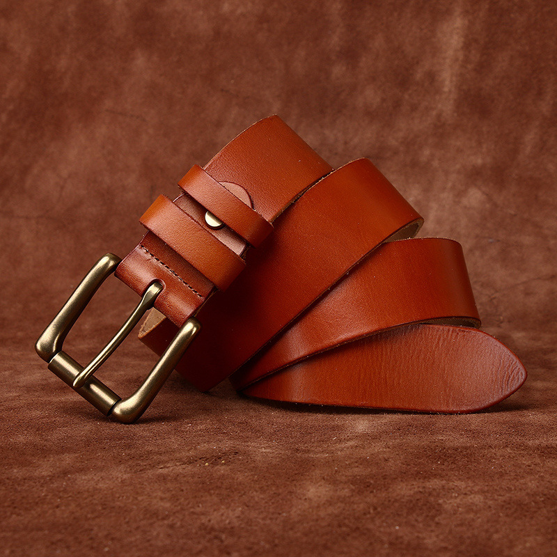 Men’s Full-Grain Leather Belt with Antique Brass Buckle – 3.8cm Wide