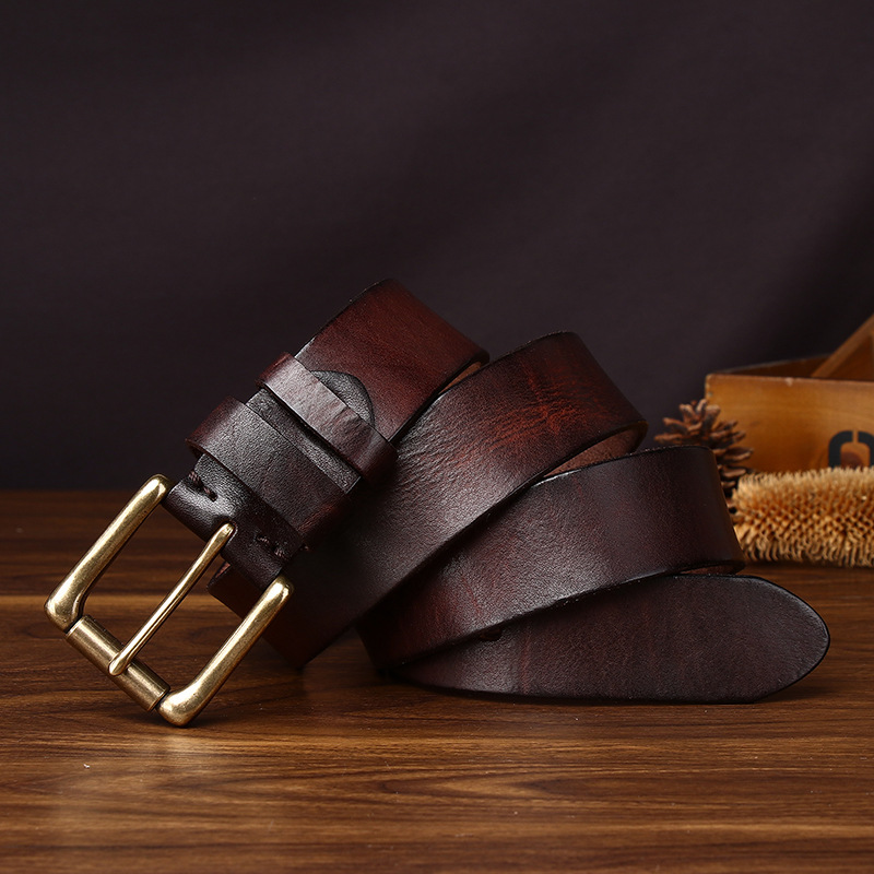 Men’s Full-Grain Leather Belt with Brass Buckle – 3.8cm Wide