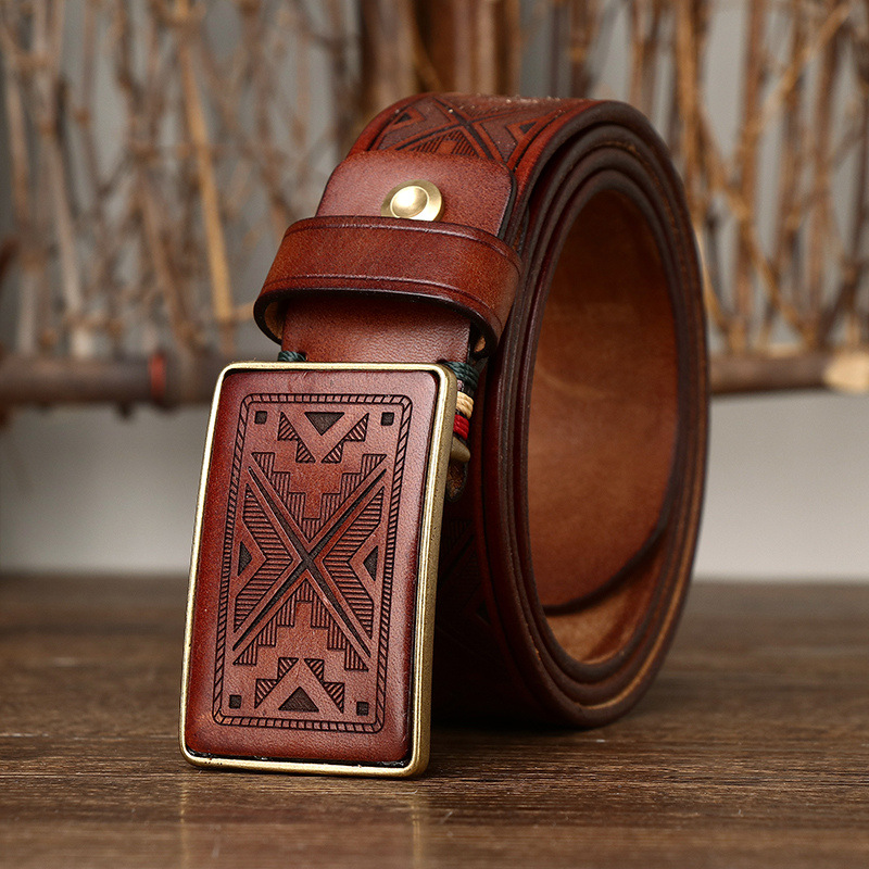 Handmade Vintage Laser-engraved Buckle Leather Belt 3.8cm B14-KKICO