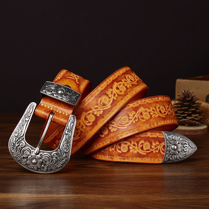 Embossed Full-Grain Leather Belt with Antique Silver-Tone Buckle | 3.8cm Wide