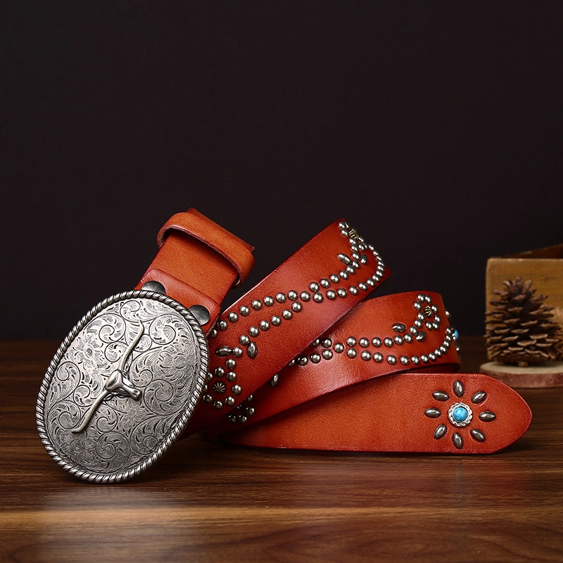 Sierra Longhorn Leather Belt with Engraved Plate Buckle | 3.8cm Wide