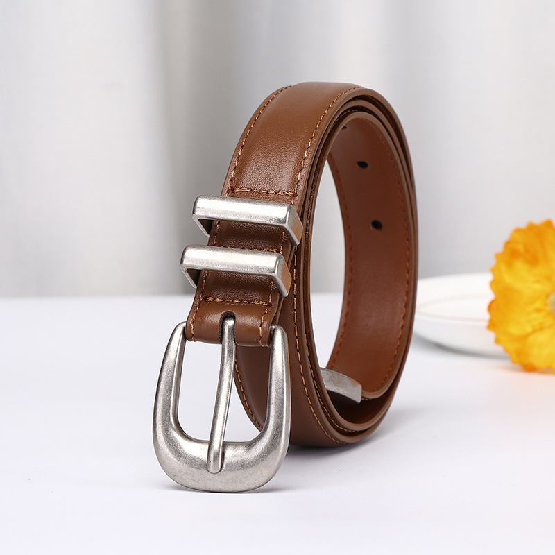 Simple Retro Silver Genuine Leather Belt 2.4cm Wide B23-KKICO