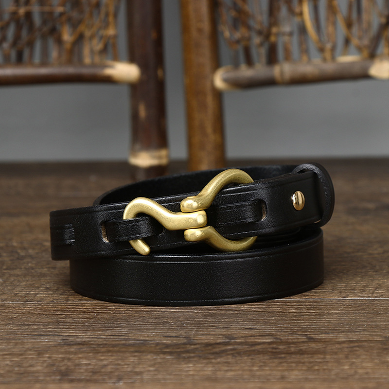 Vintage Copper Hook Genuine Leather Thin Belt 2.0cm Wide B25-KKICO