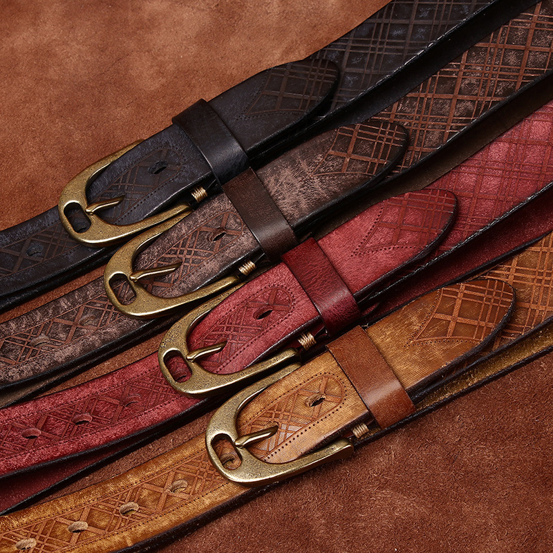 Vintage Brass Buckle Genuine Leather Belt Wide 3.8CM B62-KKICO