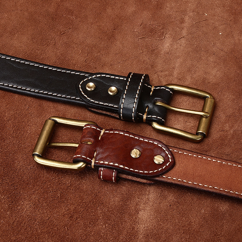 Men’s Stitched Full-Grain Leather Belt with Brass Buckle – 3.8cm Wide