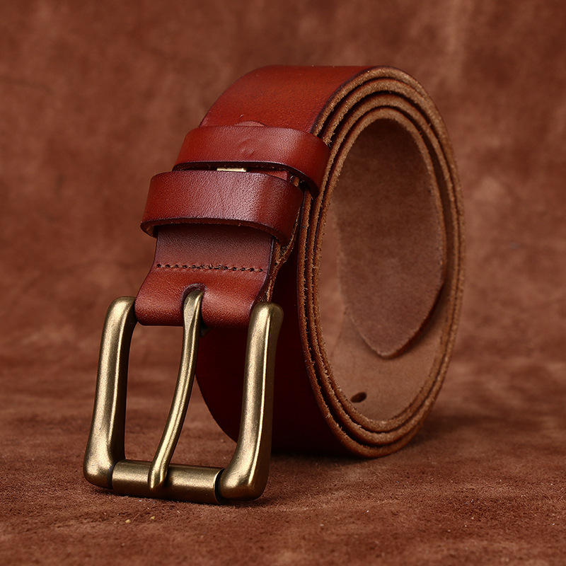 Men’s Full-Grain Leather Belt with Antique Brass Buckle – 3.8cm Wide