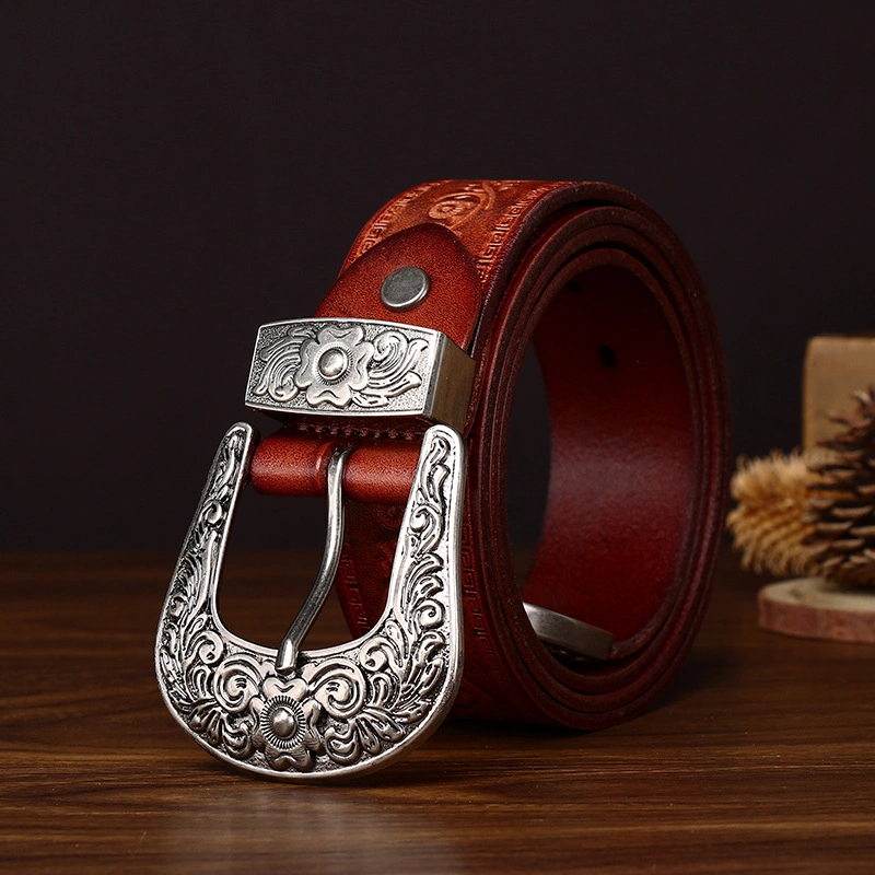 Embossed Full-Grain Leather Belt with Antique Silver-Tone Buckle | 3.8cm Wide