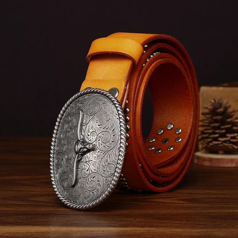 Sierra Longhorn Leather Belt with Engraved Plate Buckle | 3.8cm Wide