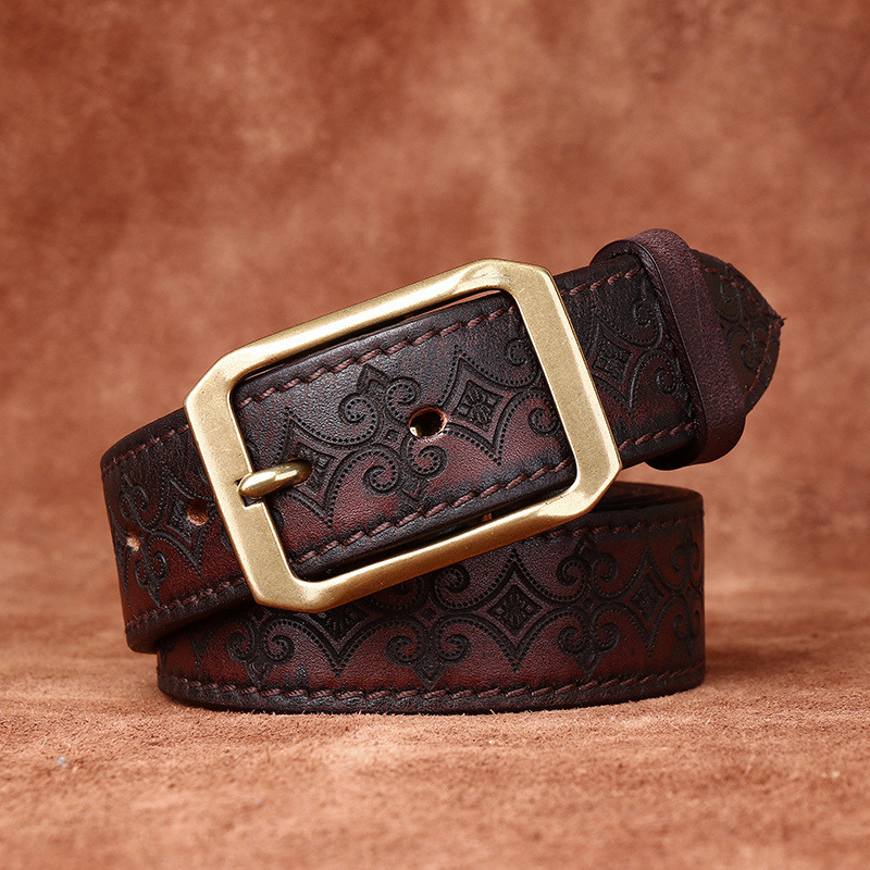 Genuine Leather Thickened Belt With Embossed Design 3.8cm B08