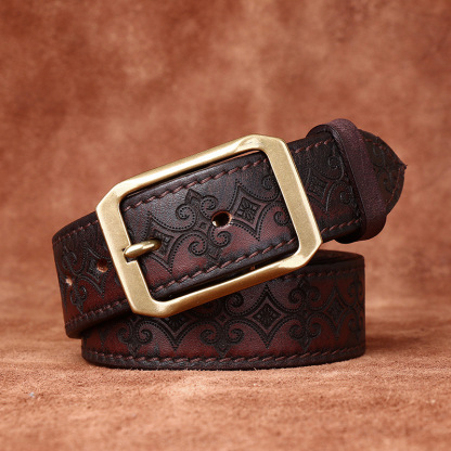Genuine Leather Thickened Belt With Embossed Design 3.8cm B08