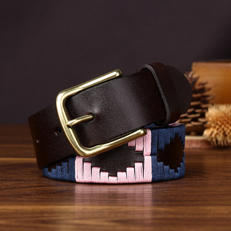 Polo-Style Woven Leather Belt with Brass-Tone Alloy Buckle | 3.4cm Wide