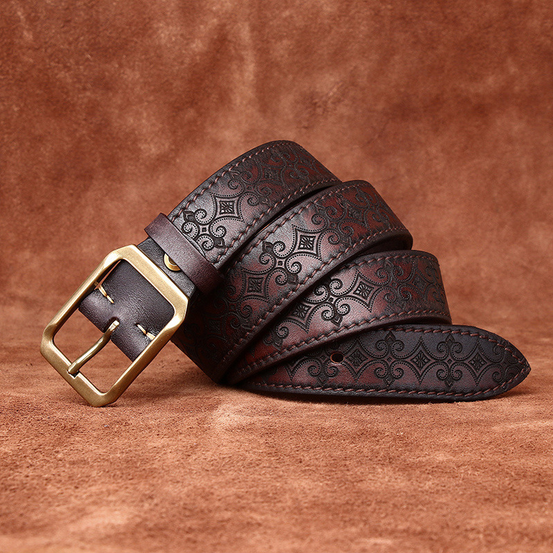 Genuine Leather Thickened Belt With Embossed Design 3.8cm B08