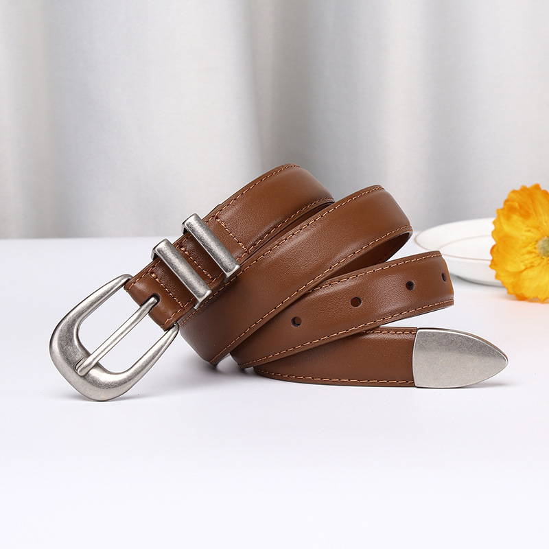 Simple Retro Silver Genuine Leather Belt 2.4cm Wide B22