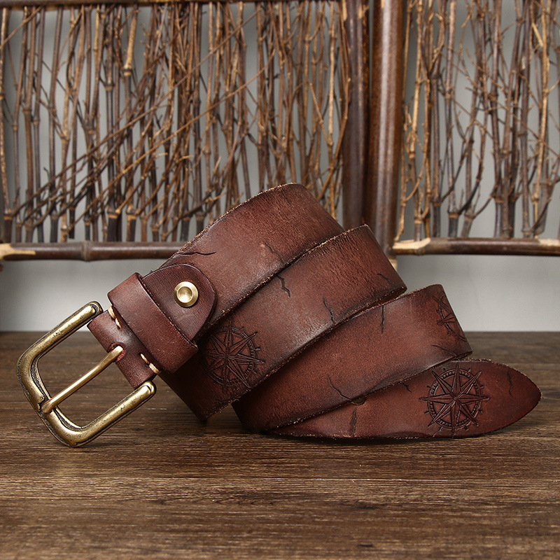 Vintage Engraved Cracked Leather Belt Wide 3.8CM B47